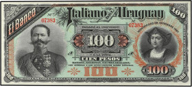 WORLD BANK NOTES
100 Pesos. 1887. URUGUAY. (Margen inferior mal guillotinado, punto de aguja). Pick-S215. SC-.