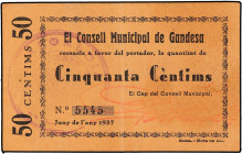 PAPER MONEY OF THE CIVIL WAR: CATALUNYA
50 Cèntims. 1937. C.M de GANDESA. ESCASO. AT-1082. EBC-.