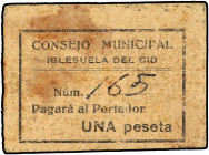 PAPER MONEY OF THE CIVIL WAR: ARAGÓN-FRANJA DE PONENT
1 Peseta. C.M. IGLESUELA DEL CID (Teruel). Sello tampón violeta al dorso. (Manchitas del tiempo...