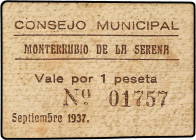 PAPER MONEY OF THE CIVIL WAR: EXTREMADURA
1 Peseta. Septiembre 1937. C.M. MONTERRUBIO de la SERENA (Badajoz). ESCASO. RGH-3648. MBC+.