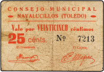 PAPER MONEY OF THE CIVIL WAR: CASTILLA-LA MANCHA
25 Céntimos. C.M de Los NAVALUCILLOS (Toledo). (Reparado con adhesivo, leves roturas). MUY RARO. RGH...