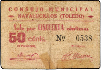 PAPER MONEY OF THE CIVIL WAR: CASTILLA-LA MANCHA
50 Céntimos. C.M de Los NAVALUCILLOS (Toledo). (Leves roturas y reparación con adhesivo). MUY RARO. ...