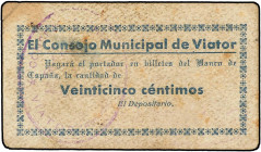 PAPER MONEY OF THE CIVIL WAR: ANDALUCÍA
25 Céntimos. C.M. De VIATOR (Almeria). Sello tampón violeta. (Leves manchitas). ESCASO. RGH-5476. MBC+.