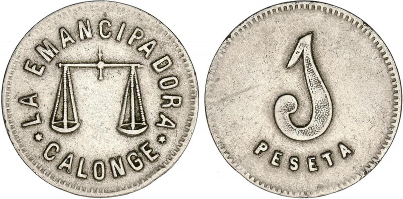 COOPERATIVE AND ADVERTISING TOKENS
1 Peseta. LA EMANCIPADORA. CALONGE. Ni. MUY ...