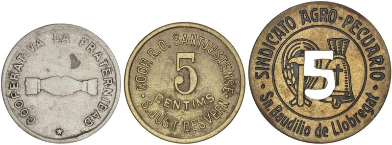 COOPERATIVE AND ADVERTISING TOKENS
Lote 3 fichas. Latón y Ni. Incluye: 5 Peseta...