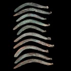 Bronze Age, lot of 11 bronze Sickle/Sword. Southern Europe, c. 1300 BC. Cast bronze with knob end. Rare. Dents and corrosions, otherwise in good condi...