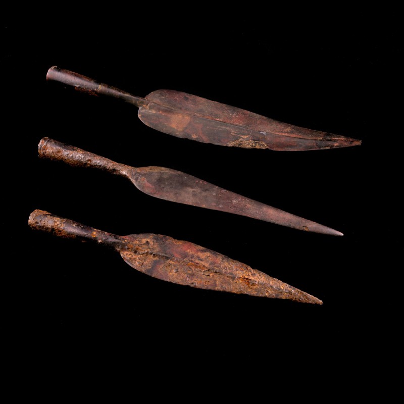 Late Iron Age, lot of 3 Iron Spearheads, c. 12th-11th century BC (30-32cm). Rust...