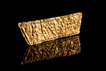 Roman Gold Sheet, c. 1st-2nd century AD (5,7cm, 1.22g). Pelleted inscription MVNT (?) within a beaded border. Bent.