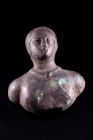 Roman Bronze Applique with male bust facing, probably a soldier. c. 1st-3rd century AD (5.4cm). Dark green patina, minor lacks of metal on the chest a...
