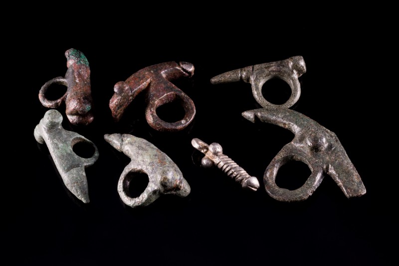 Lot of 7 Roman Bronze and Silver (1) Phallic Pendants (2.3-4.5cm). All intact, w...