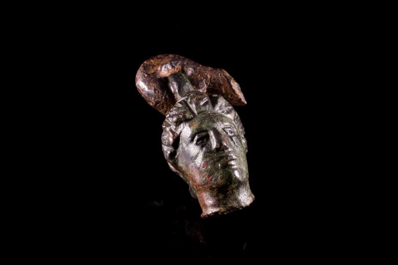 Roman Cast Bronze Male Head, c. 2nd-3rd century AD (5.2cm). Green patina, with l...