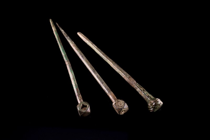 Lot of 3 Roman Bronze Needles. c. 1st-3rd century AD. Different lenghts (9.4cm, ...