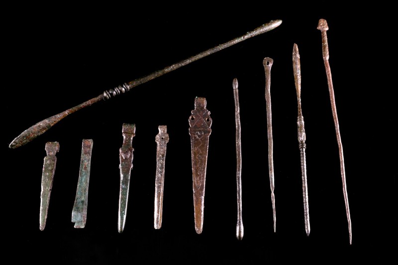 Lot of 10 Roman Bronze surgical and cosmetical instruments comprising needles, s...
