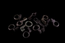 Lot of 10 Roman Bronze Keys, 6 in the form of finger rings. c. 2nd - 4th century AD. Green patina, intact.