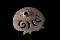 Large Roman Bronze Openwork Buckle with scrolled decoration. c. 3rd century AD. (7.5cm - 7cm). Green patina with insignificant corrosions, otherwise i...