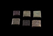 Late Roman - Byzantine Bronze Commercial Weights, c. 5th-6th century AD, lot of 6 pieces including 1 Nomismata (4) and 12 Siliquae (2). All marked.