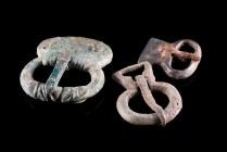 Lot of 3 Byzantine Bronze Fittings and Belt Buckles. c. 6th century AD. Green patina and minor corrosions, othwwise in good condition.