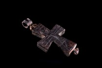 Byzantine Bronze Enkolpion (Reliquary Cross), c. 10th-12th century AD. (4.7- 7cm, excluding integral loop). Large figure of Christ on the cross. Oppos...