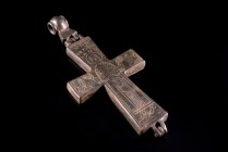 Byzantine Bronze Enkolpion (Reliquary Cross), c. 10th-12th century AD (12cm). Engraved St. John facing, orans; O AΓIO H/OANIC above; flanked by trees....