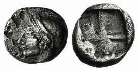 Ionia, Phokaia, c. 521-478 BC. AR Diobol (9mm, 0.93g). Archaic female head l. R/ Quadripartite incuse square. Klein 452-3. Porous, near VF