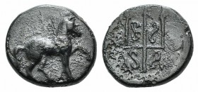 Caria, Mylasa, c. 210-30 BC. Æ (11mm, 1.56g, 12h). Horse walking r. R/ Ornamented trident head downwards. Akarca 34; SNG Keckman 228-31. Some roughnes...
