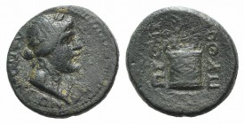 Phrygia, Laodicea ad Lycum, c. 1st century BC. Æ (14mm, 2.42g, 12h). Laureate head of Apollo r.; lyre before. R/ Altar with serpent; headdress of Isis...