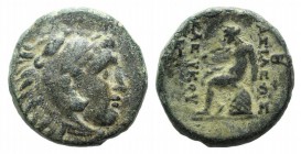 Seleukid Kings, Seleukos II (246-225 BC). Æ (15mm, 4.41g, 12h). Sardes, c. 246-242 BC. Head of Herakles r., wearing lion skin. R/ Apollo seated l. on ...