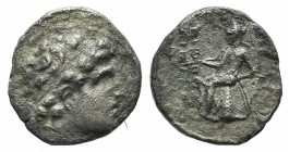Seleukid Kings, Alexander I Balas (152-145 BC). AR Drachm (15mm, 3.53g, 12h). Antioch. Diademed head r. R/ Apollo seated l. on omphalos, testing arrow...