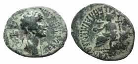 Agrippina Junior (Augusta, 50-59). Phrygia, Eumeneia. Æ (17mm, 1.87g, 11h). Bassa Kleonos, archierea. Draped bust r.; c/m: bipennis with serpent entwi...