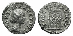 Faustina Junior (Augusta, 147-175/6). AR Denarius (16mm, 2.98g, 6h). Rome, 154-7. Draped bust r., wearing stephane. R/ Two infants seated on draped th...