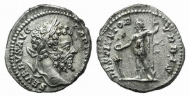 Septimius Severus (193-211). AR Denarius (18mm, 2.93g, 12h). Rome, 200-1. Laureate head r. R/ Emperor standing l., sacrificing from patera over altar ...
