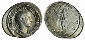 Gordian III (238-244). AR Antoninianus (25mm, 4.15g, 11h). Antioch, 238-9. Radiate, draped and cuirassed bust r. R/ Pax standing l., holding branch an...