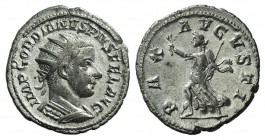 Gordian III (238-244). AR Antoninianus (22mm, 4.13g, 6h). Antioch, 242-4. Radiate and cuirassed bust r., seen from behind. R/ Pax walking l., holding ...
