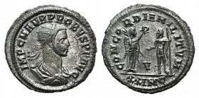 Probus (276-282). Radiate (23mm, 4.48g, 11h). Cyzicus, AD 280. Radiate, draped and cuirassed bust r. R/ Probus, holding sceptre, standing l., receivin...