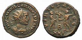 Carinus (283-285). Radiate (19mm, 4.36g, 12h). Antioch, 283-5. Radiate and cuirassed bust r. R/ Emperor standing r., holding sceptre, receiving Victor...