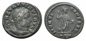 Constantine I (307-337). Æ Follis (17mm, 2.00g, 6h). Treveri, 310-1. Laureate, draped and cuirassed bust r. R/ Mars advancing r.; PTR. RIC VII 897. VF...