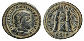 Constantine I (307/310-337). Æ Follis (17mm, 3.41g, 1h). Siscia, 318-9. Laureate, helmeted and cuirassed bust r. R/ Two Victories standing to either s...