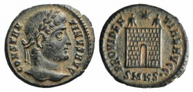 Constantine I (307/310-337). Æ Follis (17mm, 2.70g, 6h). Cyzicus, 325-6. Laureate head r. R/ Camp-gate surmounted by two turrets, star above; SMKS•. R...