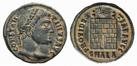 Constantine I (307/310-337). Æ Follis (17mm, 3.13g, 6h). Alexandria, AD 324. Laureate head r. R/ Camp-gate with two turrets; star above; SMALA. RIC VI...