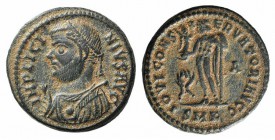 Licinius I (308-324). Æ Follis (17mm, 3.31g, 6h). Cyzicus, AD 318. Laureate and draped bust l., holding mappa; sceptre behind shoulder. R/ Jupiter sta...