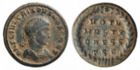 Crispus (Caesar, 316-326). Æ Follis (17mm, 3.97g, 1h). Thessalonica, c. AD 320. Laureate, draped and cuirassed bust r. R/ Legend in four lines within ...