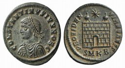 Constantine II (Caesar, 316-337). Æ Follis (19mm, 2.44g, 11h). Cyzicus, 325-6. Laureate, draped and cuirassed bust l. R/ Camp-gate; star above; SMKAB....