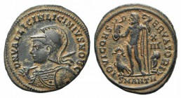 Licinius II (Caesar, 317-324). Æ Follis (20mm, 3.96g, 11h). Antioch, 321-3. Helmeted and cuirassed bust l., holding spear over should, shield on l. ar...
