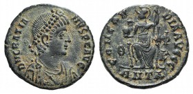 Gratian (367-383). Æ (17mm, 2.40g, 11h). Antioch, 378-383. Diademed, draped and cuirassed bust r. R/ Concordia seated facing, head l., holding globe a...