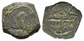 Crusaders, Antioch. Tancred (Regent, 1101-03, 1104-12). Æ Follis (22mm, 4.15g, 6h). Bust of Tancred facing, wearing turban and holding sword. R/ Cross...
