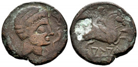 Alaun. Unit. 120-80 BC. Alagón (Zaragoza). (Abh-62). Anv.: Male head right between three dolphins. Rev.: Horseman right, holding palm; iberian legend ...