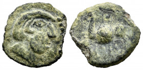 Carisa. Half unit. 50 BC. Bornos (Cádiz). (Abh-452). Anv.: Male head right. Rev.: Horseman left, holding round shield and spear, CARIS below. Ae. 2,56...