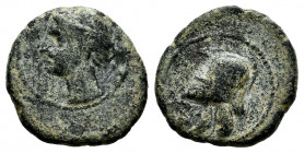 Hispanic-Carthaginian Coinage. 1/4 calco. 220-215 BC. Cartagena (Murcia). (Abh-523). Anv.: Head of Tanit left. Rev.: Helmet. Ae. 1,52 g. Crude style. ...