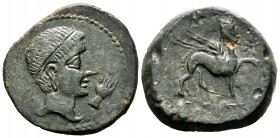 Kastilo-Castulo. Unit. 180 BC. Cazlona (Jaén). (Abh-701). Anv.: Diademed male head right, hand before. Rev.: Sphinx right, with star, legend (KASTILO)...
