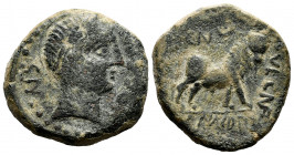 Kastilo-Castulo. Half unit. 180 BC. Cazlona (Jaén). (Abh-728). Anv.: CN. VOC. S. T. F. Diademed male head right. Rev.: Bull right, crescent above, ibe...